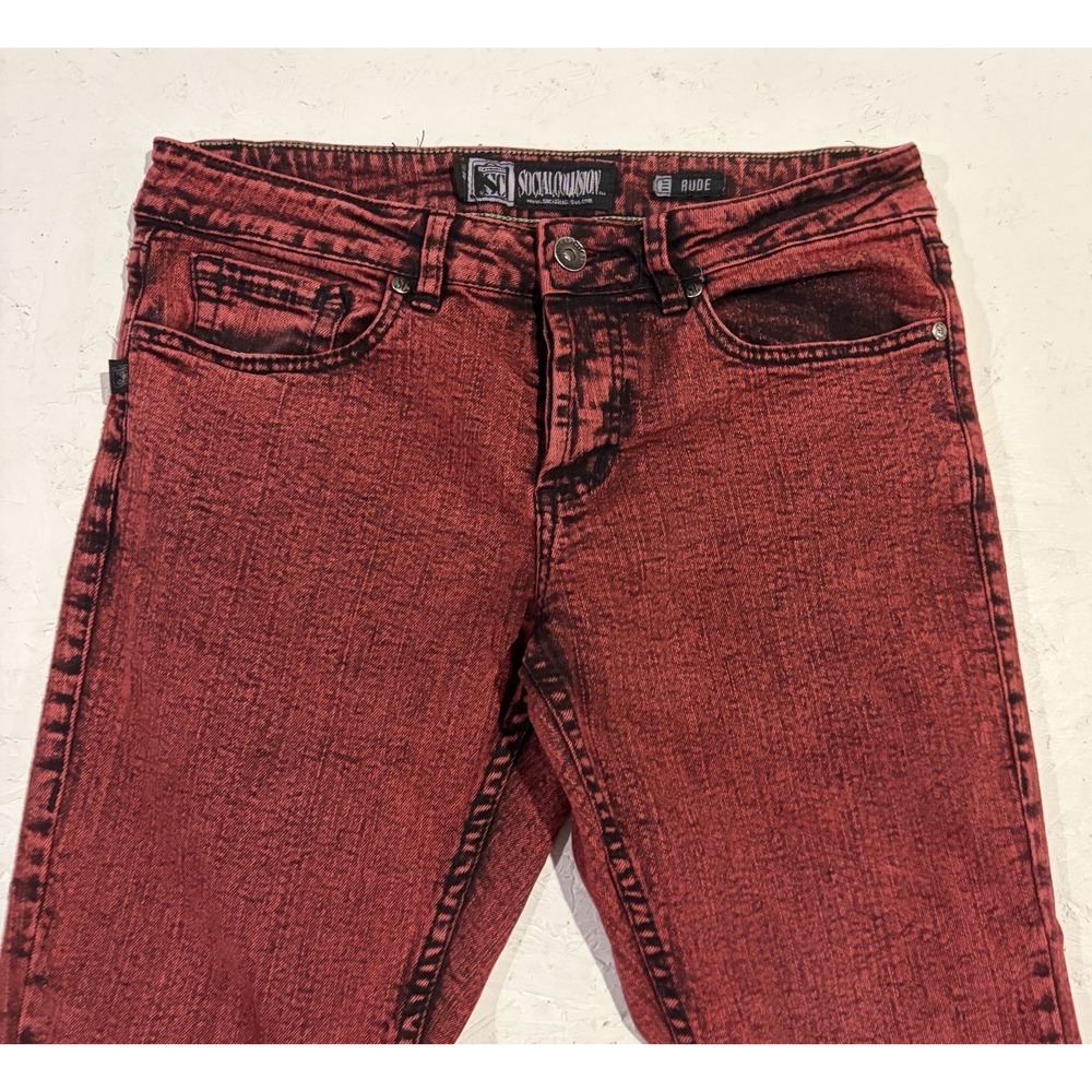 Social Collision Rude Skinny Jeans Red Black Acid Wash Punk Emo Denim 30x32 - Picture 4 of 11
